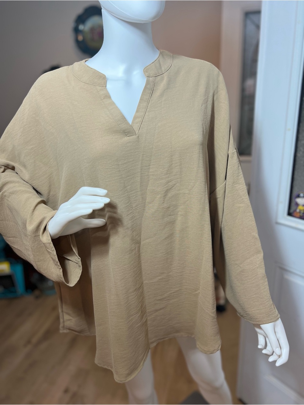 SHEIN Relaxed Split-Neck Tunic Top - Beige